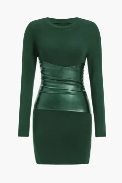 Faux Leather Patchwork Long Sleeve Mini Dress