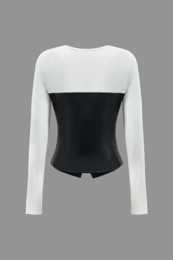 Faux Leather Patchwork Metallic Button Long-Sleeve Top