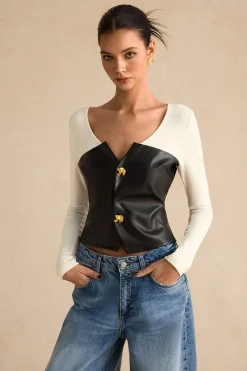 Faux Leather Patchwork Metallic Button Long-Sleeve Top