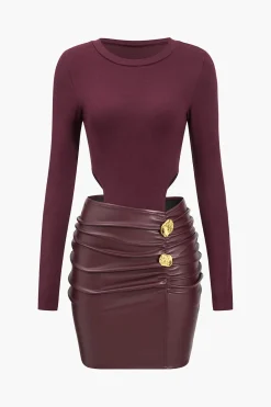 Faux Leather Patchwork Round Neck Ruched Metallic Long Sleeve Mini Dress