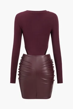 Faux Leather Patchwork Round Neck Ruched Metallic Long Sleeve Mini Dress