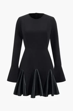 Faux Leather Patchwork Round Neck Long Sleeve Puff Mini Dress