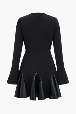 Faux Leather Patchwork Round Neck Long Sleeve Puff Mini Dress