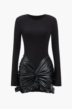 Faux Leather Patchwork Ruffle Ruched Long Sleeve Mini Dress