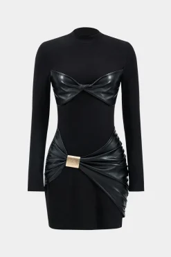 Faux Leather Patchwork Ruched Long Sleeve Mini Dress
