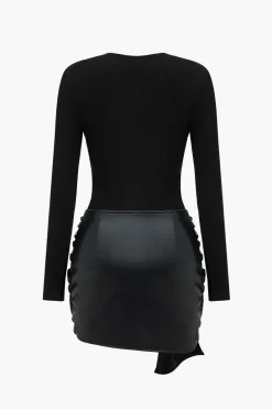 Faux Leather Patchwork Tie Front Round Neck Ruched Mini Dress