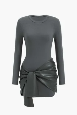 Faux Leather Patchwork Tie Front Round Neck Ruched Mini Dress