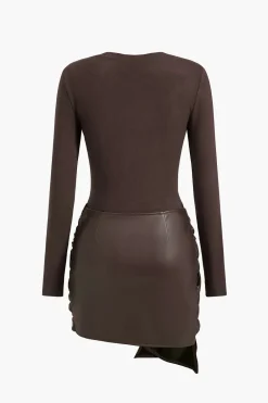 Faux Leather Patchwork Tie Front Round Neck Ruched Mini Dress
