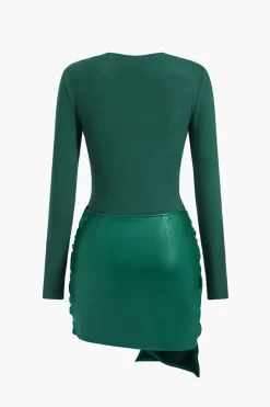 Faux Leather Patchwork Tie Front Round Neck Ruched Mini Dress