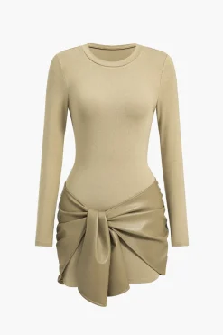 Faux Leather Patchwork Tie Front Round Neck Ruched Mini Dress