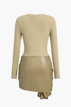 Faux Leather Patchwork Tie Front Round Neck Ruched Mini Dress