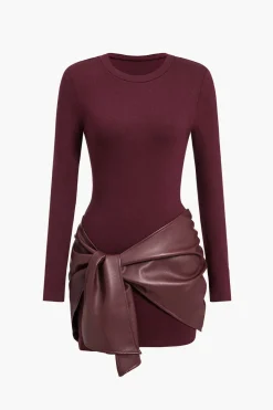 Faux Leather Patchwork Tie Front Round Neck Ruched Mini Dress