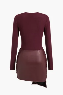 Faux Leather Patchwork Tie Front Round Neck Ruched Mini Dress