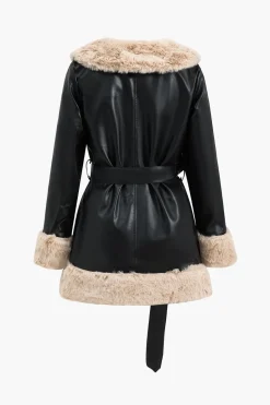Faux Leather Patchwork Tie-Up Jacket