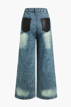 Faux Leather Patchwork Wide Leg Jeans