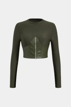 Faux Leather Patchwork Zipper Long Sleeve Top And Trousers Set