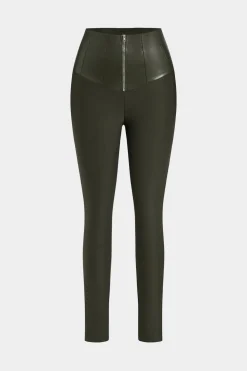 Faux Leather Patchwork Zipper Long Sleeve Top And Trousers Set