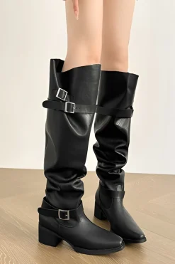 Faux Leather Peep Toe Over The Knee Boots