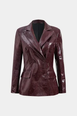 Faux Leather Pocket Button Notched Lapel Blazer