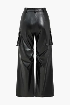 Faux Leather Pocket Wide Leg Trousers