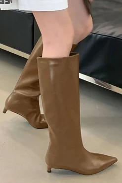 Faux Leather Pointed Toe Thin Heel Knee-High Mid Calf Boots
