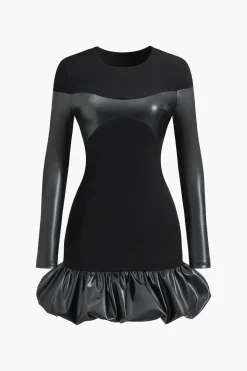 Faux Leather Round Neck Patchwork Mini Dress