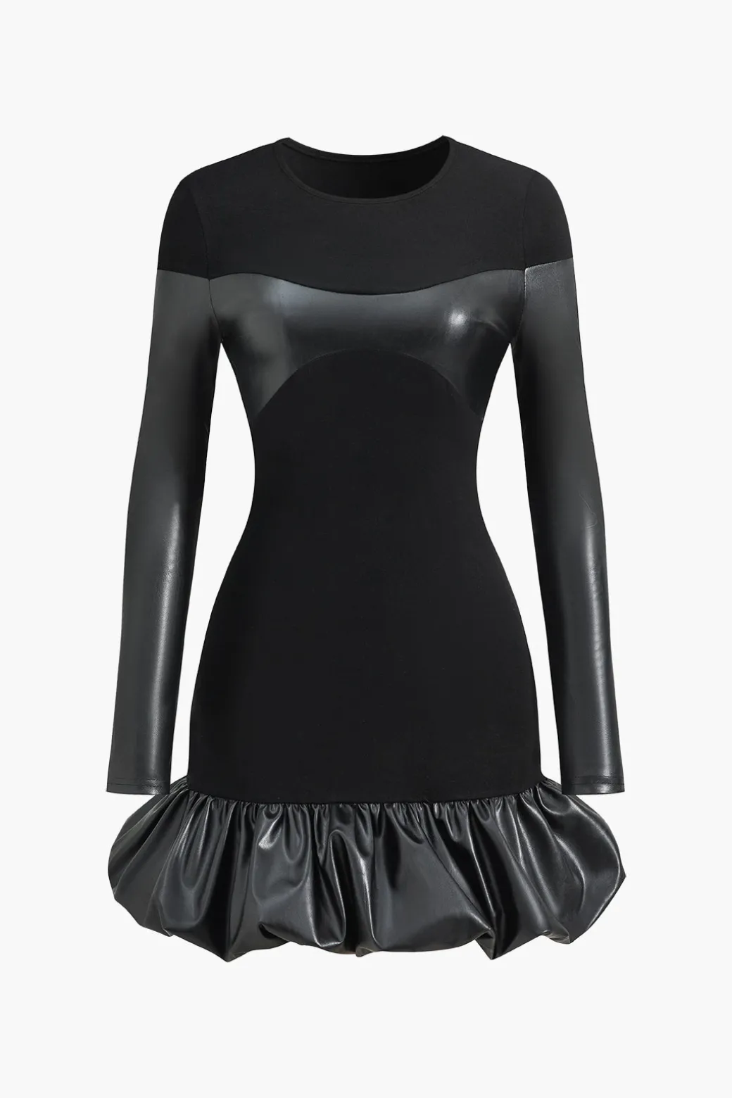 Faux Leather Round Neck Patchwork Mini Dress