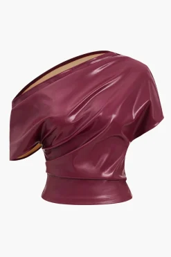 Faux Leather Ruched Asymmetrical Short Sleeve T-Shirt