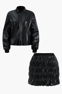 Faux Leather Ruched Detail Skirt Set