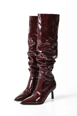 Faux Leather Ruched Pointed Toe Knee High Boots