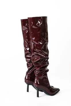 Faux Leather Ruched Pointed Toe Knee High Boots