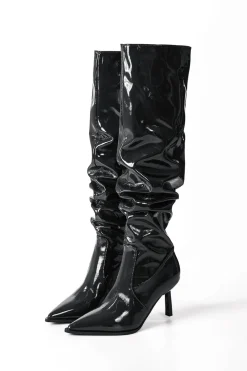 Faux Leather Ruched Pointed Toe Knee High Boots