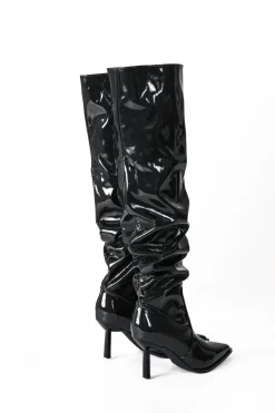 Faux Leather Ruched Pointed Toe Knee High Boots