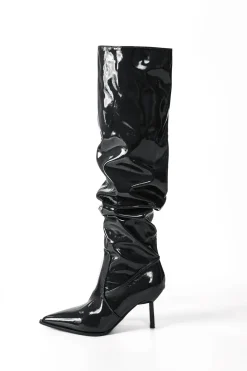 Faux Leather Ruched Pointed Toe Knee High Boots