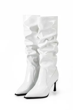 Faux Leather Ruched Pointed Toe Knee High Boots