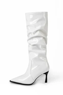 Faux Leather Ruched Pointed Toe Knee High Boots