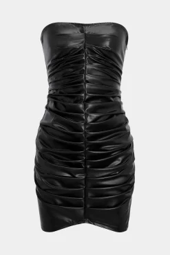 Faux Leather Ruched Strapless Sleeveless Mini Dress