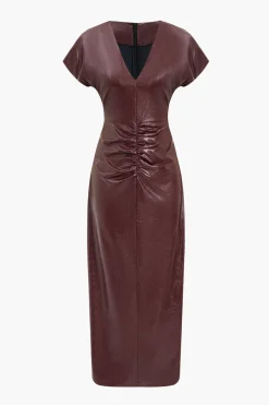 Faux Leather Ruched V-Neck Midi Dress
