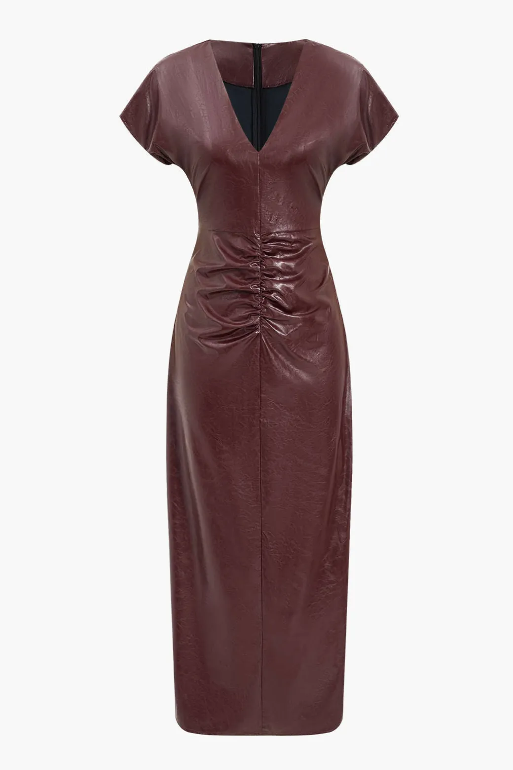 Faux Leather Ruched V-Neck Midi Dress