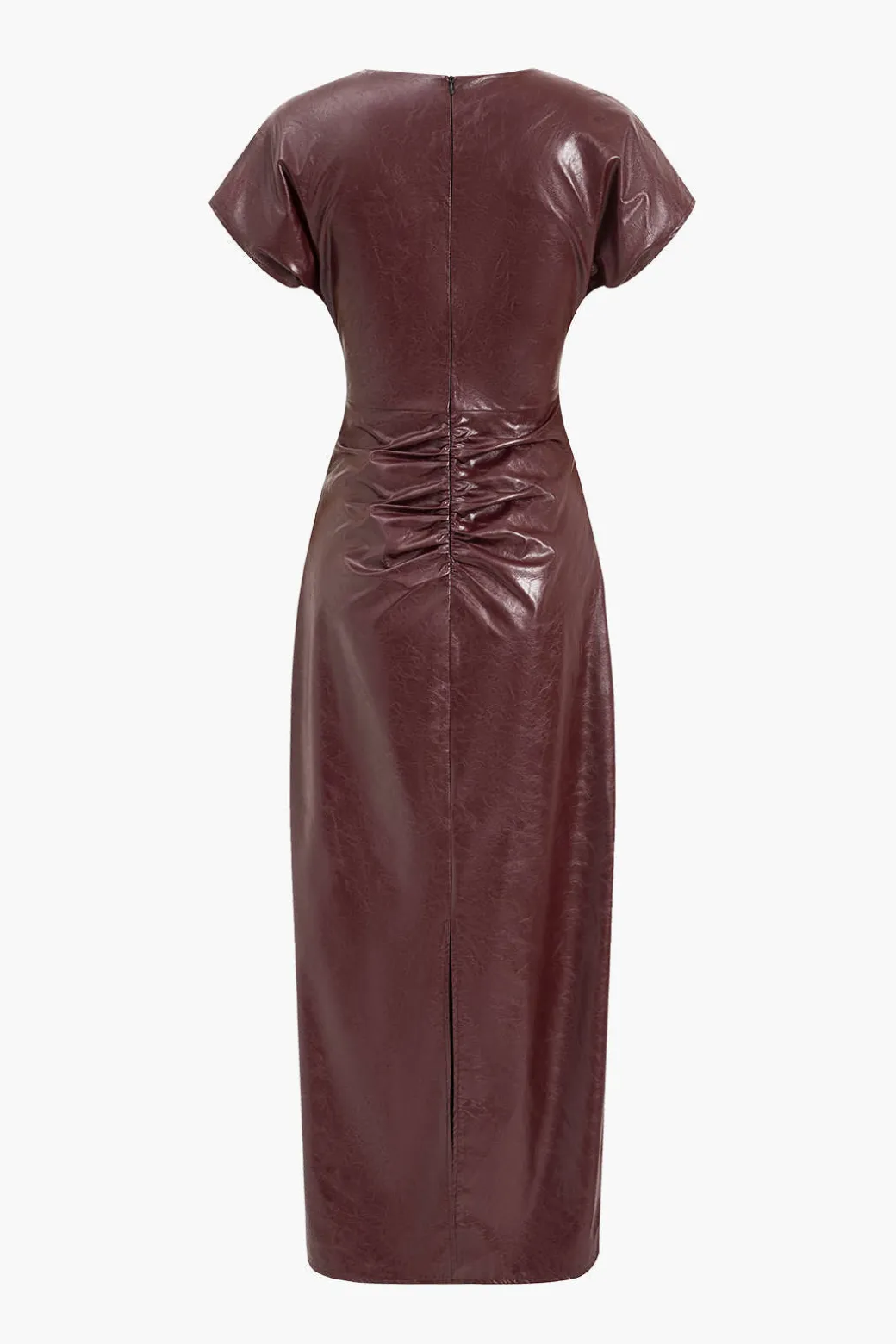 Faux Leather Ruched V-Neck Midi Dress