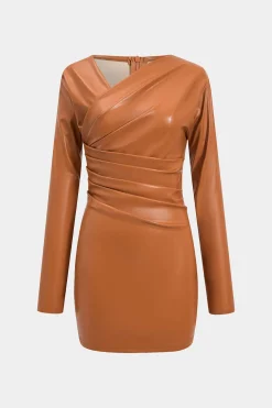 Faux Leather Ruched V-Neck Long Sleeve Mini Dress
