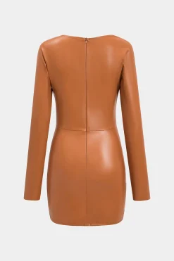 Faux Leather Ruched V-Neck Long Sleeve Mini Dress