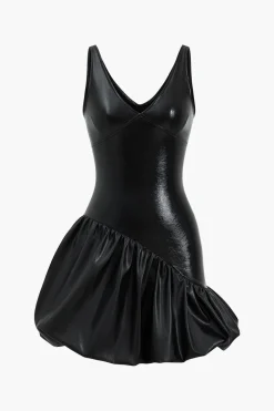 Faux Leather Ruched V-Neck Asymmetrical Mini Dress