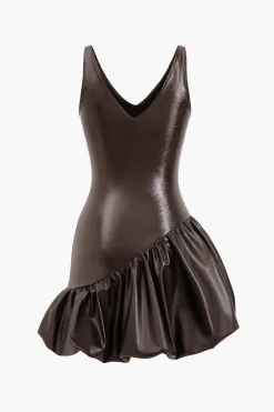 Faux Leather Ruched V-Neck Asymmetrical Mini Dress
