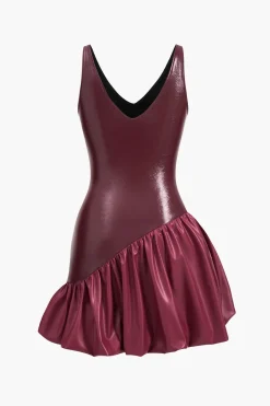 Faux Leather Ruched V-Neck Asymmetrical Mini Dress