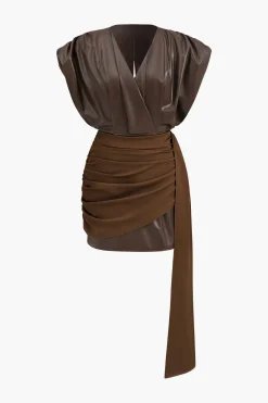 Faux Leather Ruched Zipper V-Neck Mini Dress