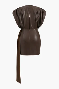 Faux Leather Ruched Zipper V-Neck Mini Dress