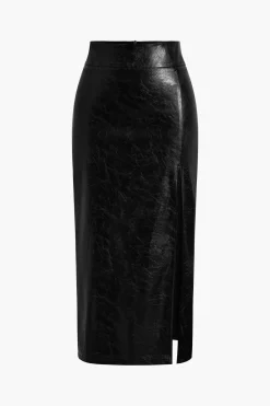 Faux Leather Side Slit Skirt