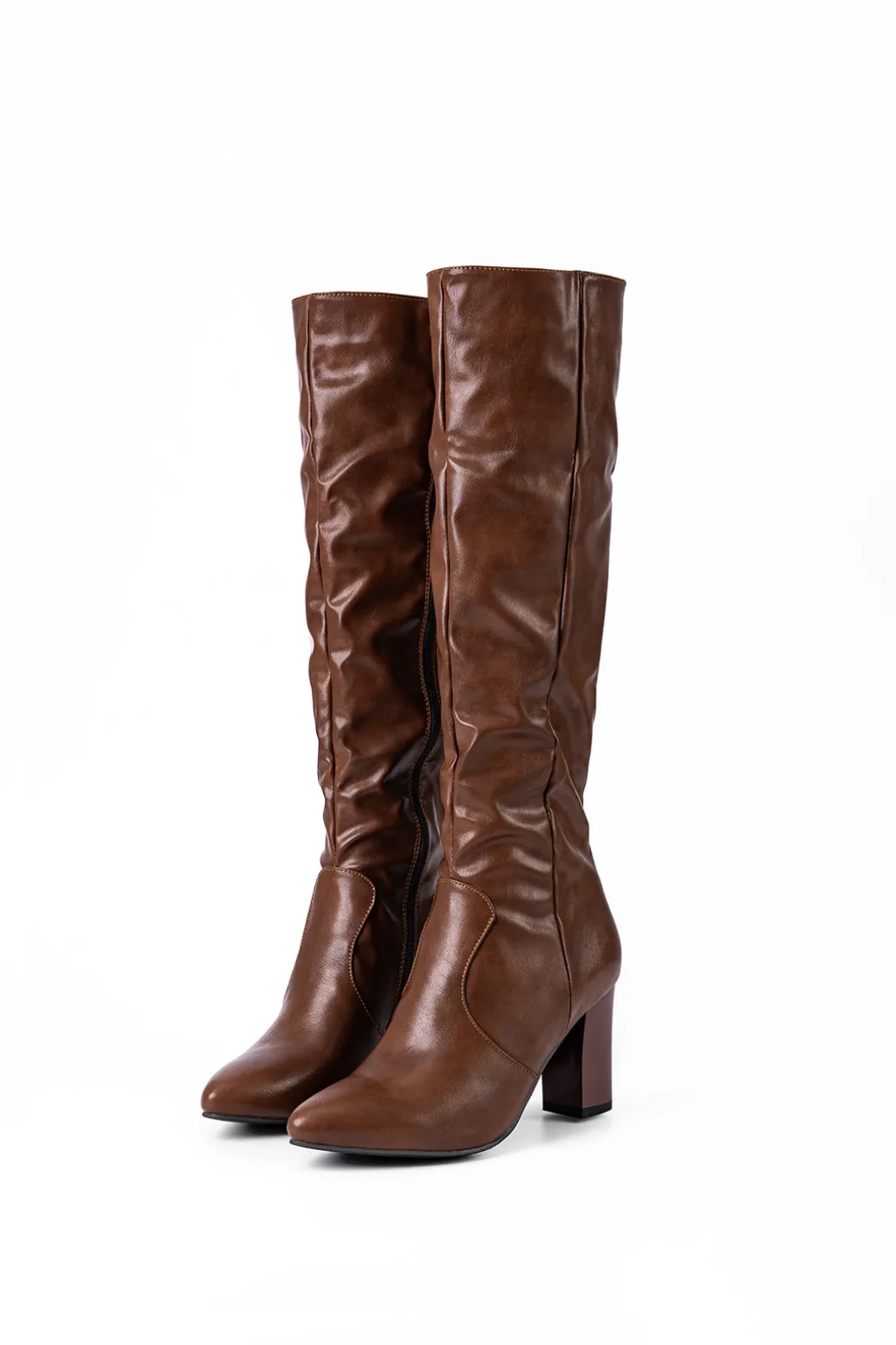 Faux Leather Side Zipper Pointed Knee High Boots