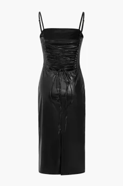 Faux Leather Slip Lace Up Midi Dress